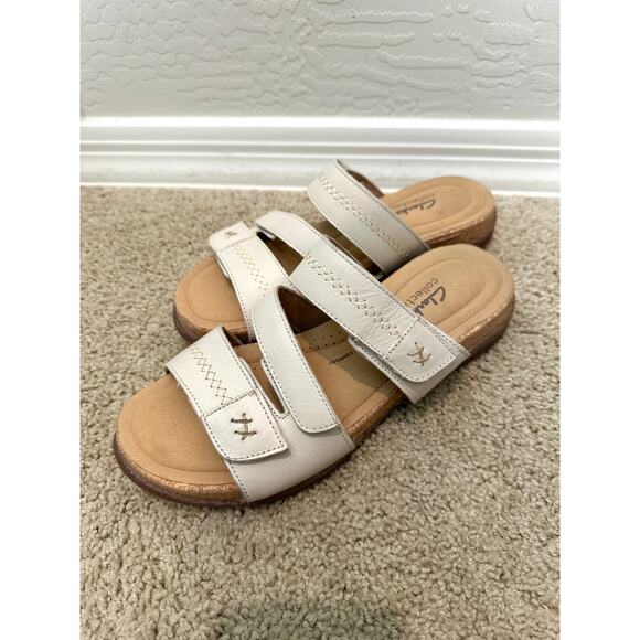🆕 CLARKS | Roseville Bay White Leather Neutral Comfy Sandals | Women’s 10W - Picture 1 of 7